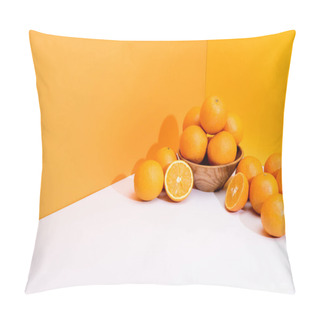 Personality  Fresh Ripe Oranges In Bowl On White Surface On Orange Background Pillow Covers
