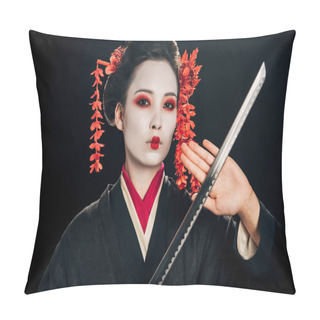 Personality  Beautiful Geisha In Black Kimono With Red Flowers In Hair Holding Sharp Katana Isolated On Black Pillow Covers