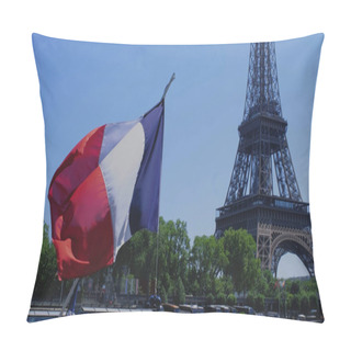 Personality  Eiffel Tower With A French Flag On A Blue Background. Green Trees And Seine River On The Background. Slow Motion Video. Pillow Covers