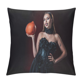 Personality  Scary Vampire Girl With Fangs In Black Gothic Dress Holding Halloween Pumpkin On Black Background Pillow Covers