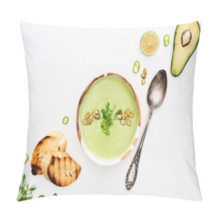 Personality  Top View Of Delicious Creamy Green Vegetable Soup With Lime And Croutons Near Silver Spoon Isolated On White Pillow Covers
