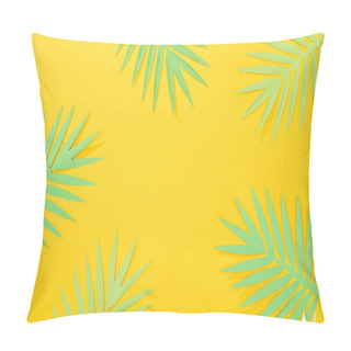 Personality  Top View Of Paper Cut Green Tropical Palm Leaves On Yellow Bright Background With Copy Space Pillow Covers