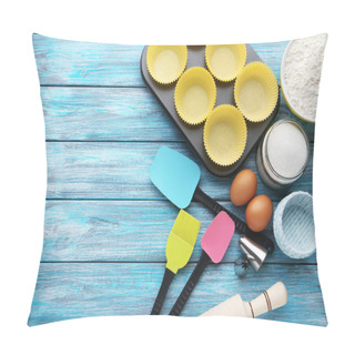 Personality  Empty Cupcake Cases With Different Kitchen Utensils On Wooden Table Pillow Covers