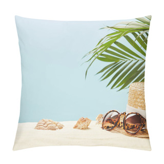 Personality  Selective Focus Of Sunglasses And Straw Hat Near Seashells And Green Leaves Isolated On Blue Pillow Covers