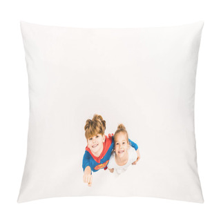 Personality  Top View Of Happy Kid In Super Hero Costume Hugging Friend And Gesturing On White  Pillow Covers