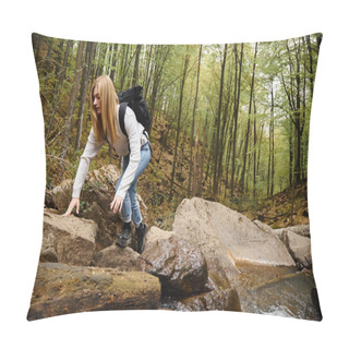 Personality  Woman With Backpack Hiking And Crawling On Mountain River Rock In Autumn Forest. Solo Female Tourist Pillow Covers