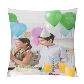 Personality  Cheerful Girl And Boy Standing Near Birthday Cake With Candles Next To Balloons  Pillow Covers
