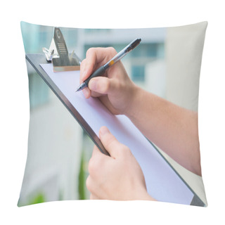 Personality  Businessman Holding A Clipboard And Writing Pillow Covers