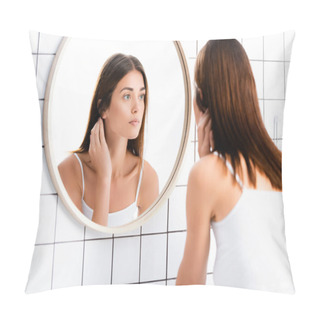 Personality  Young Woman In White Undershirt Looking In Mirror In Bathroom Pillow Covers