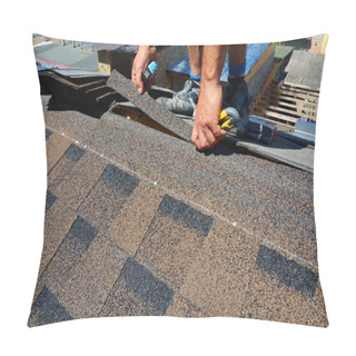 Personality  Repair Of A Roofing From Shingles. Roofer Cutting Roofing Felt Or Bitumen During Waterproofing Works. Roof Shingles - Roofing. Bitumen Tile Roof. Pillow Covers