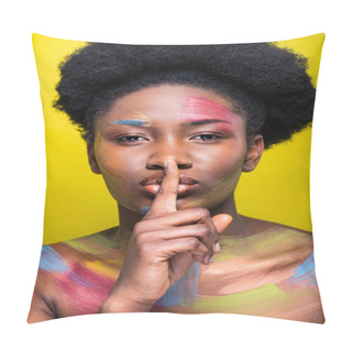 Personality  African American Woman With Bright Makeup Showing Silent Gesture Isolated On Yellow Pillow Covers
