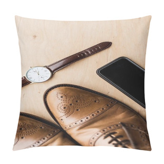 Personality  Top View Of Watch, Smartphone And Shoes On Wooden Table Pillow Covers