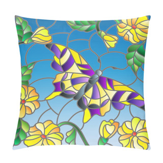 Personality  Illustration In Stained Glass Style With Bright Butterfly Against The Sky, Foliage And Flowers Pillow Covers