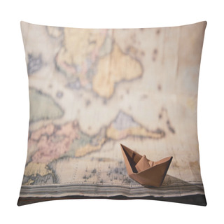 Personality  Selective Focus Of Map And Paper Boat On Wooden Table Pillow Covers