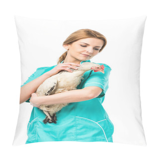 Personality  Portrait Of Veterinarian In Uniform Holding Chicken Isolated On White Pillow Covers