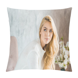 Personality  Portrait Of Beautiful Woman In Sweater Sitting On Armchair In Bedroom And Looking Away Pillow Covers