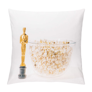Personality  KYIV, UKRAINE - JANUARY 10, 2019: Shiny Oscar Award With Popcorn Bowl On White Background Pillow Covers