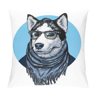 Personality  Husky Wearing Glasses And Color Scarf With Drawing. Pillow Covers