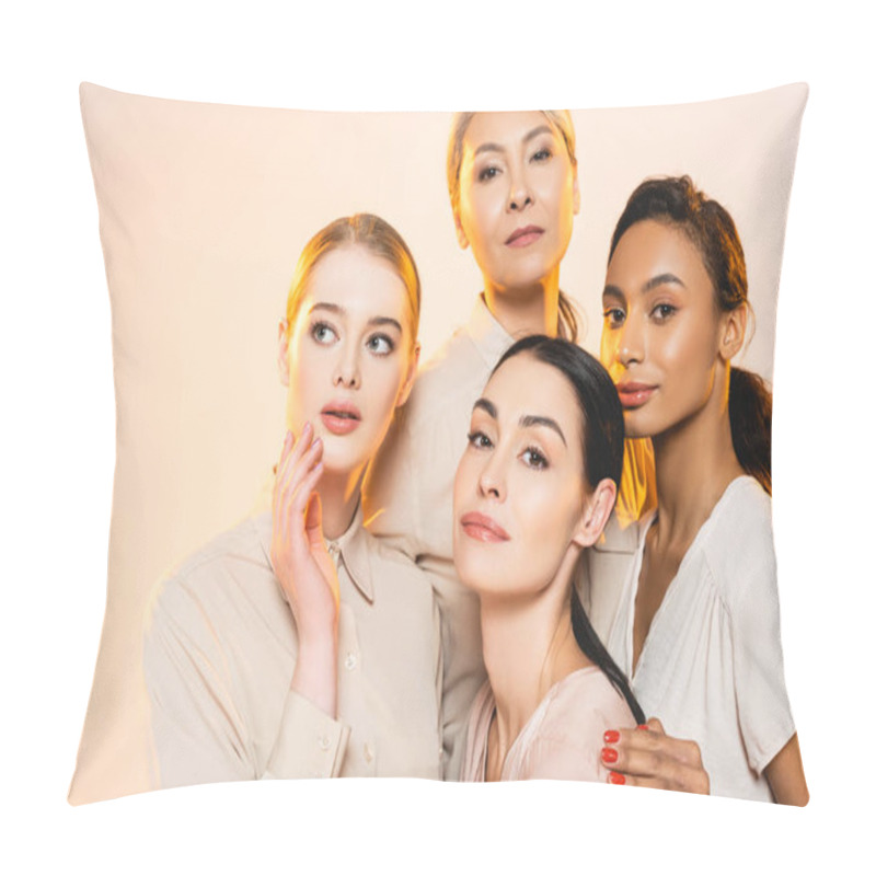 Personality  beautiful multicultural women with makeup isolated on beige  pillow covers