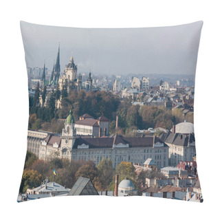 Personality  LVIV, UKRAINE - OCTOBER 23, 2019: Aerial View Of City Hall And Dominican Church In Historical Center Of City Pillow Covers
