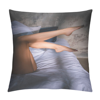 Personality  Cropped Shot Of Seductive Woman In Underwear Lying In Bed Under Sunset Rays Pillow Covers