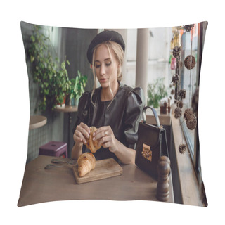 Personality  Young Elegant Woman Drinking Coffee In Traditional Cafe In Paris Pillow Covers