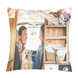 Personality  Indie Couple With Little Dog Traveling Together On Oldtimer Mini Van Transport - Travel Lifestyle Concept With Hipster People On Minivan Adventure Trip Having Fun In Relax Moment - Warm Retro Filter Pillow Covers