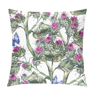 Personality  Watercolor Thistle Seamles Pattern With Blue Butterflies, Wild F Pillow Covers