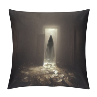 Personality  Creepy Ghost Silhouette In A Doorway In Haunted House Dark Abandoned Room. Sepia Toned 3D Digital Illustration With Copy Space Pillow Covers