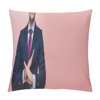 Personality  Cropped View Of Businessman Showing Refuse Gesture Isolated On Pink, Panoramic Shot Pillow Covers