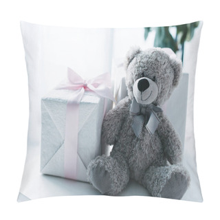 Personality  Selective Focus Of Teddy Bear With Gift Boxes On Table  Pillow Covers
