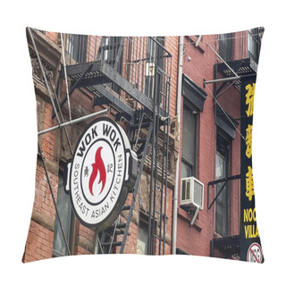 Personality  New York, USA; January 4, 2024: Photo Of Chinatown With Sidewalks Lined With Stores And Its Red Brick Buildings With Emergency Stairs. Pillow Covers