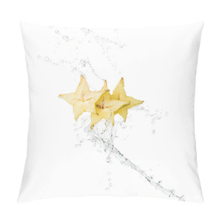 Personality  Fresh Exotic Star Fruit Slices And Water Splash With Drops Isolated On White Pillow Covers