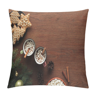 Personality  Flat Lay With Cups With Hot Chocolate, Marshmallows And Cinnamon Sticks, Tasty Cookies And Fir Twigs With Shiny Baubles On Wooden Surface, Christmas Background Pillow Covers