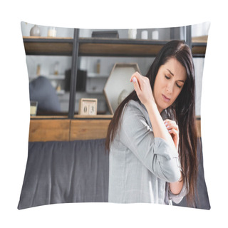 Personality  Upset And Allergic Woman Scratching Hand  Pillow Covers