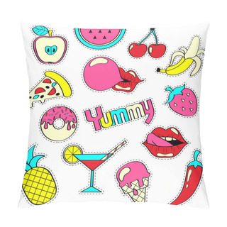Personality  Girlish Patch Badges With Banana, Strawberry, Watermelon, Ice Cream, Cocktail, Pineapple, Bubble Gum, Lips, Pizza, Cherry. Stickers Set. Yummy Collection Pillow Covers
