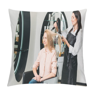 Personality  Hairdresser Drying Customer Hair At Salon Pillow Covers