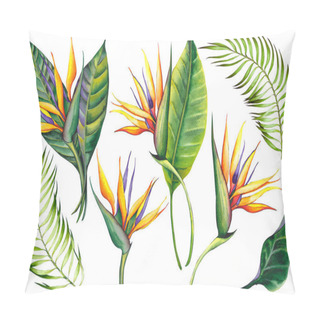 Personality  Set Of Exotic Strelitzia Flowers, Bird Of Paradise. Watercolor On White Background. Isolated Elements For Design. Pillow Covers