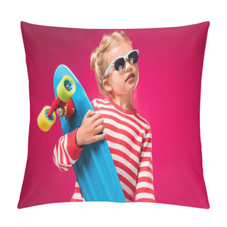 Personality  Stylish Kid In Sunglasses Posing With Skateboard Isolated On Red Pillow Covers