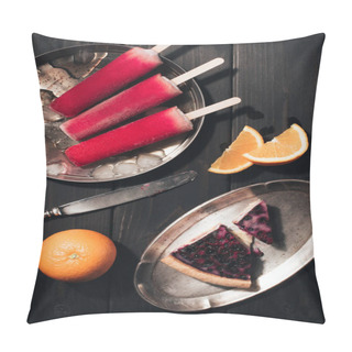 Personality  Sweet Fruit Popsicles With Oranges And Berry Pie On Wooden Background Pillow Covers