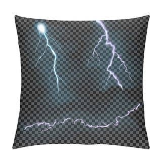 Personality  Vector Set Of Isolated Realistic Transparent Lightning Bolts On Black Grey Background Pillow Covers