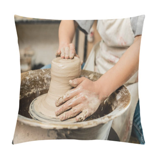 Personality  Cropped View Of Blurred Female Artisan In Apron Shaping Wet Clay And Working With Pottery Wheel In Ceramic Art Workshop At Background, Skilled Pottery Making Concept Pillow Covers