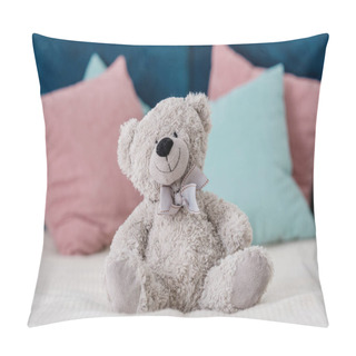 Personality  Close Up Horizontal View Of Teddy Bear Sitting On The Bed With Pillows On Background Pillow Covers