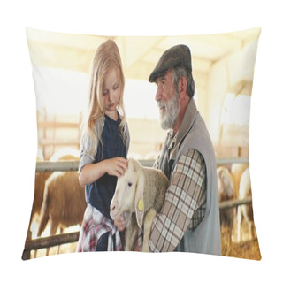 Personality  Old Caucasian Grandfather With Gray Beard And Small Cute Granddaughter Playing With Lamb And Caressing It In Stable. Senior Man Holding Animal At Farm And Pretty Little Girl Petting It. Pillow Covers