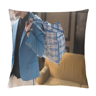 Personality  Cropped Shot Of Young Man With Vintage Zippered Duffle Bag Pillow Covers