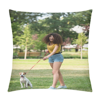 Personality  Selective Focus Of Young Woman Looking Away And Keeping Dog On Leash Pillow Covers