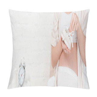 Personality  Cropped View Of Pregnant Girl Holding Baby Booties In Bedroom, Panoramic Shot Pillow Covers