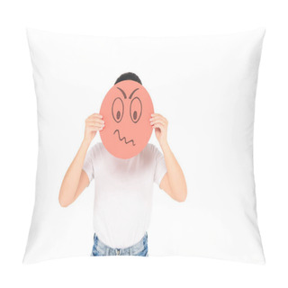 Personality  Girl Holding Red Sign With Angry Face Expression Isolated On White Pillow Covers