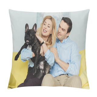 Personality  Embracing Man And Woman Sitting And Holding Cute Dog On Yellow Sofa Pillow Covers
