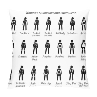 Personality  Women Swimsuits And Swimwear. Stick Figures Depict Different Types Of Swimming Suits Fashion Wear By Woman, Lady, Girl, Or Female. Pillow Covers